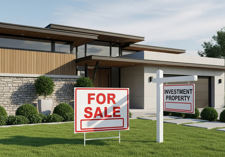 Real estate investment property with for sale sign in front of a house