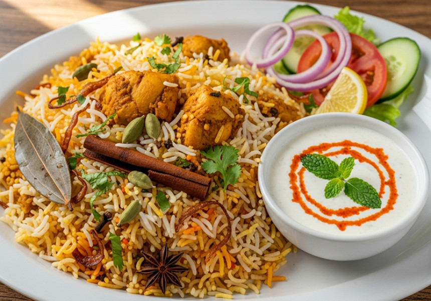 Plated chicken biryani served with raita and salad – passiveincome.pk