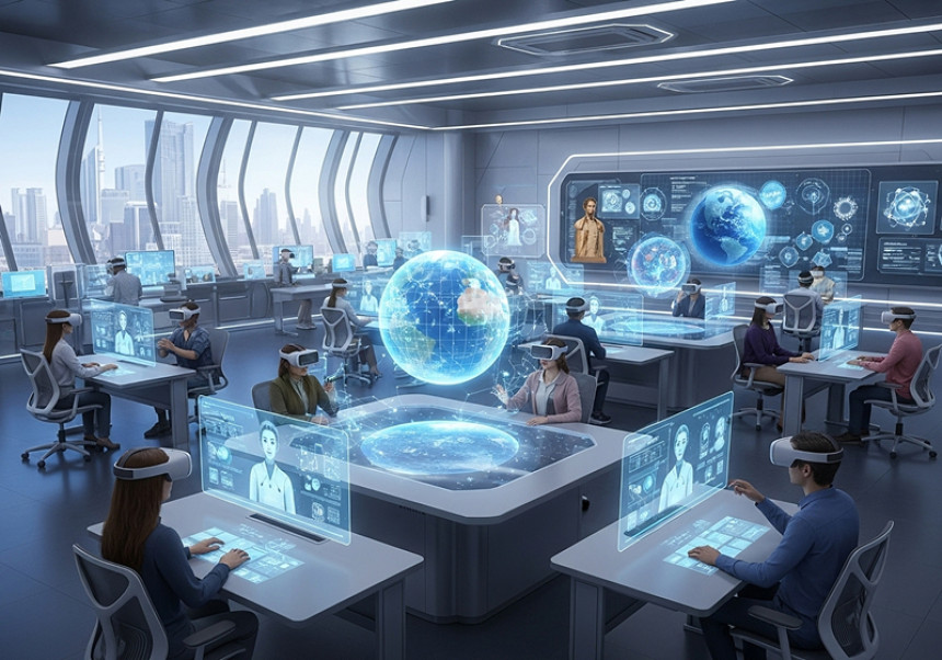 lobal education trends of 2025 featuring AI-powered classrooms, virtual learning, and diverse students from around the world.