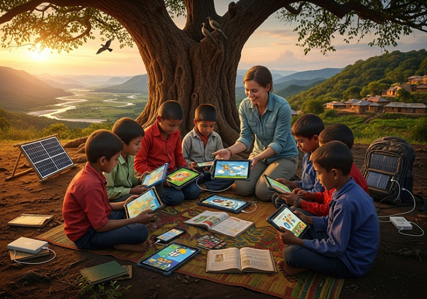 Children in remote areas using smartphones for education