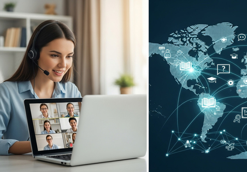 Online tutor teaching students from different countries via video call