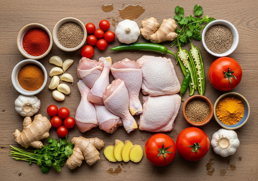 Chicken Karahi ingredients – spices, herbs, and chicken ready for cooking