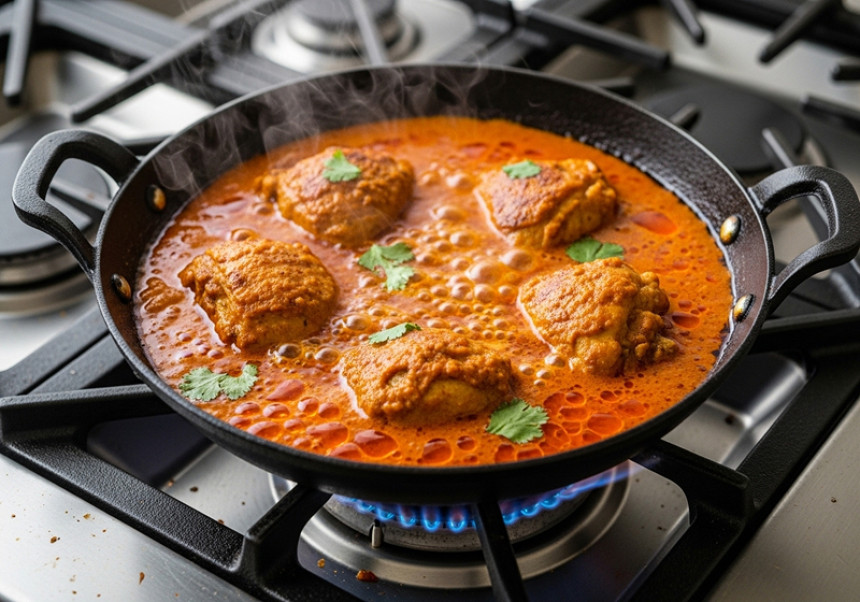 : Chicken cooking in traditional karahi with rich red masala and spices