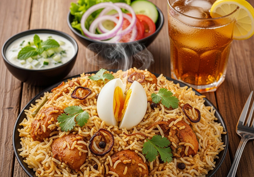 : Steaming chicken biryani served with sides – traditional South Asian dish loved globally