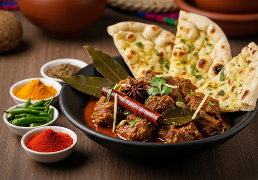 Traditional Khari Ghust dish served with spices and bread