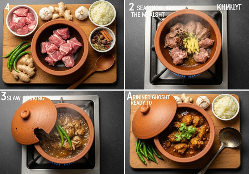 Step-by-step cooking process of Khari Ghust in a pot