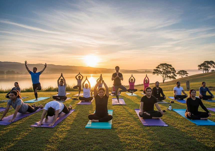Global health and wellness trends 2025 – people from around the world practicing yoga and fitness together