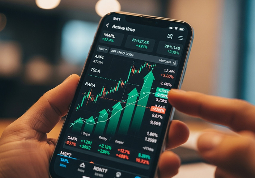 Investor using stock trading app to monitor global company shares in real time