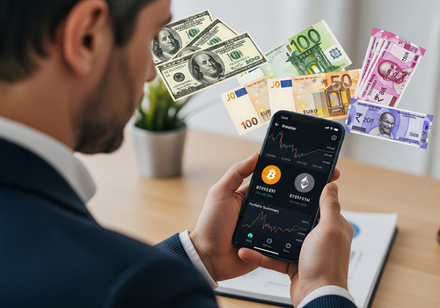 Investor analyzing crypto prices and charts for Bitcoin, Ethereum, and stablecoins