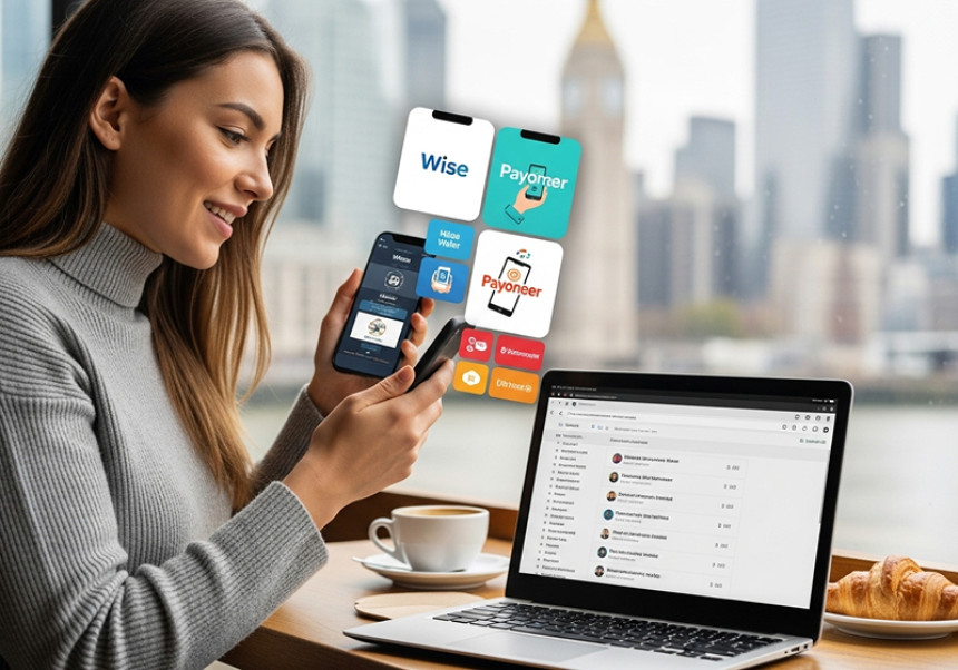 Digital nomad using borderless banking apps for online income in 2025