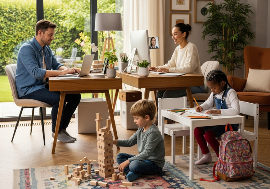 Parents balancing remote work and family life in 2025.