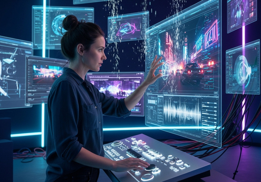 AI technology in movie production editing futuristic film scene